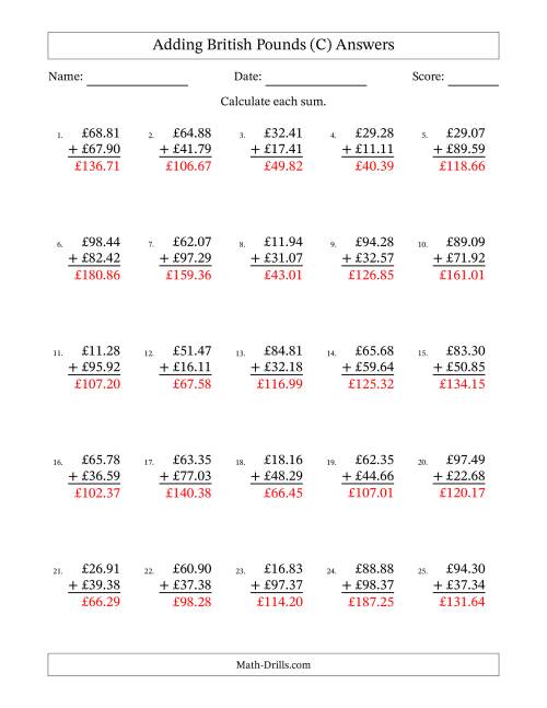 The Adding British Pounds With Amounts from 10.00 to 99.99 in Increments of One Pence (C) Math Worksheet Page 2