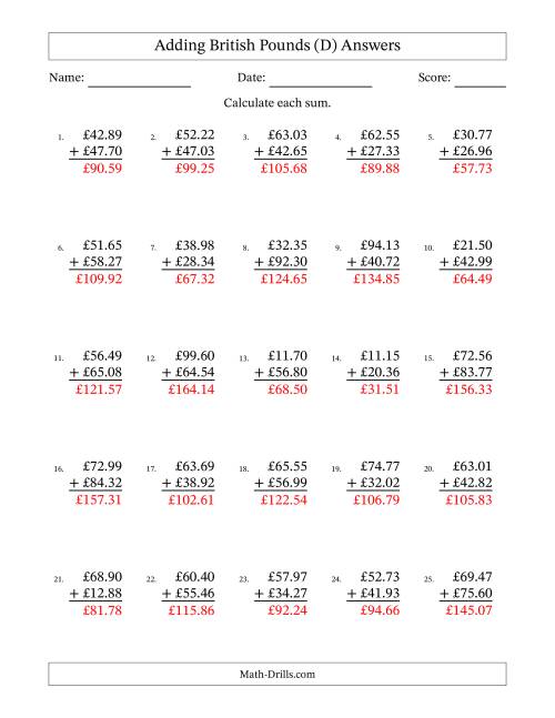 The Adding British Pounds With Amounts from 10.00 to 99.99 in Increments of One Pence (D) Math Worksheet Page 2