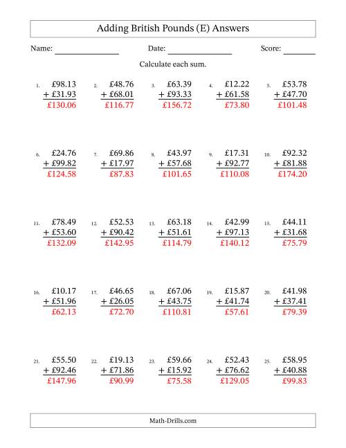 The Adding British Pounds With Amounts from 10.00 to 99.99 in Increments of One Pence (E) Math Worksheet Page 2