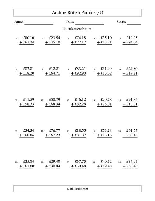 The Adding British Pounds With Amounts from 10.00 to 99.99 in Increments of One Pence (G) Math Worksheet