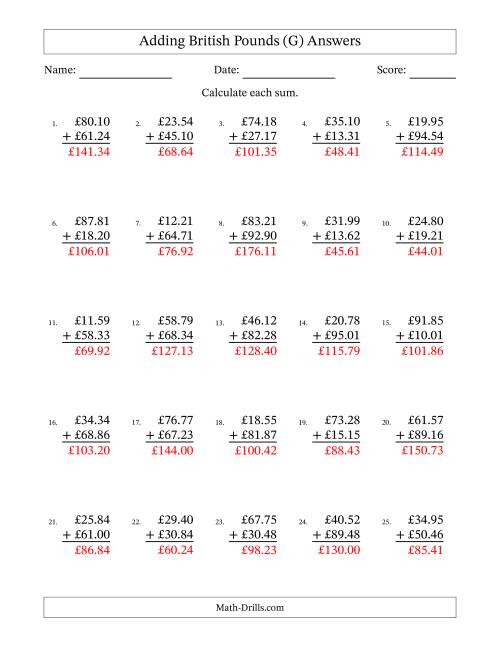 The Adding British Pounds With Amounts from 10.00 to 99.99 in Increments of One Pence (G) Math Worksheet Page 2