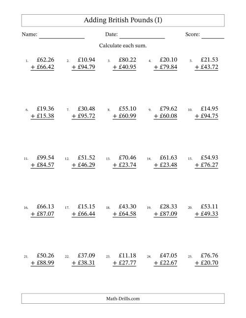 The Adding British Pounds With Amounts from 10.00 to 99.99 in Increments of One Pence (I) Math Worksheet