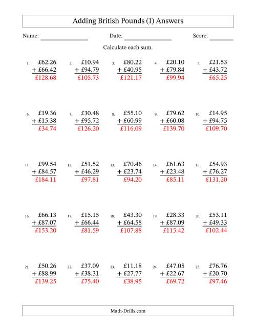 The Adding British Pounds With Amounts from 10.00 to 99.99 in Increments of One Pence (I) Math Worksheet Page 2