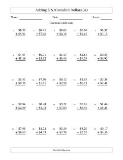 Adding U.S./Canadian Dollars With Amounts from 0.01 to 9.99 in Increments of One Cent