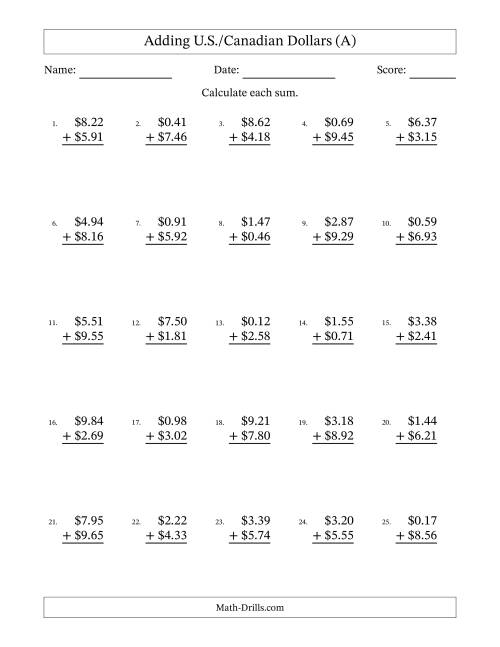 The Adding U.S./Canadian Dollars With Amounts from 0.01 to 9.99 in Increments of One Cent (A) Math Worksheet