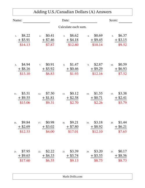 The Adding U.S./Canadian Dollars With Amounts from 0.01 to 9.99 in Increments of One Cent (A) Math Worksheet Page 2