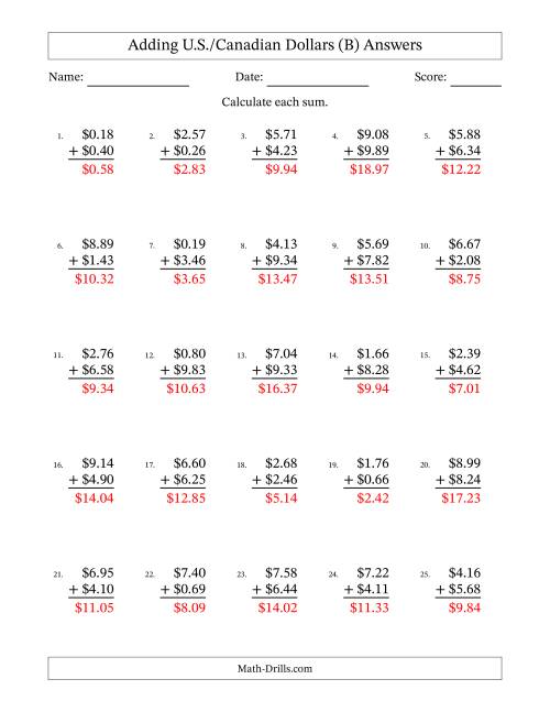 The Adding U.S./Canadian Dollars With Amounts from 0.01 to 9.99 in Increments of One Cent (B) Math Worksheet Page 2