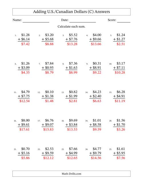 The Adding U.S./Canadian Dollars With Amounts from 0.01 to 9.99 in Increments of One Cent (C) Math Worksheet Page 2