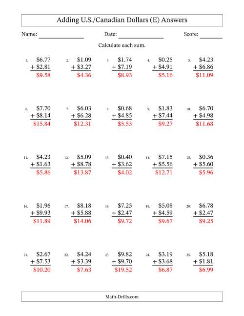 The Adding U.S./Canadian Dollars With Amounts from 0.01 to 9.99 in Increments of One Cent (E) Math Worksheet Page 2