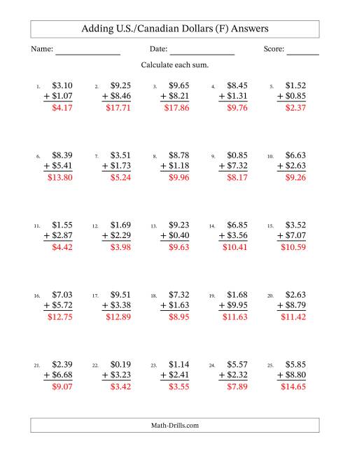 The Adding U.S./Canadian Dollars With Amounts from 0.01 to 9.99 in Increments of One Cent (F) Math Worksheet Page 2