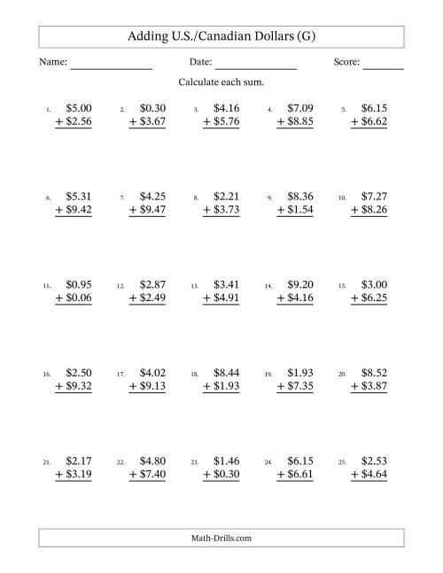 The Adding U.S./Canadian Dollars With Amounts from 0.01 to 9.99 in Increments of One Cent (G) Math Worksheet