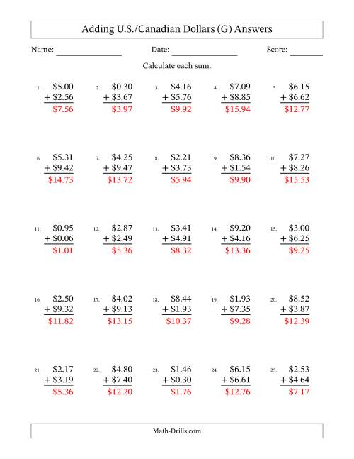 The Adding U.S./Canadian Dollars With Amounts from 0.01 to 9.99 in Increments of One Cent (G) Math Worksheet Page 2