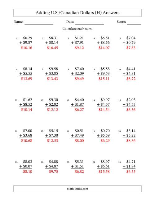 The Adding U.S./Canadian Dollars With Amounts from 0.01 to 9.99 in Increments of One Cent (H) Math Worksheet Page 2