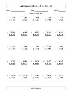 Adding Australian/N.Z. Dollars With Amounts from 0.01 to 9.99 in Increments of One Cent