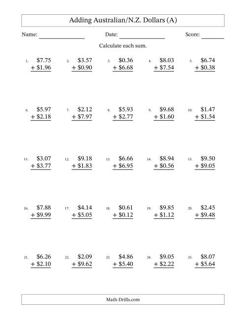 The Adding Australian/N.Z. Dollars With Amounts from 0.01 to 9.99 in Increments of One Cent (A) Math Worksheet