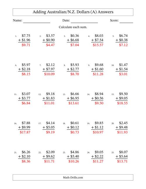 The Adding Australian/N.Z. Dollars With Amounts from 0.01 to 9.99 in Increments of One Cent (A) Math Worksheet Page 2