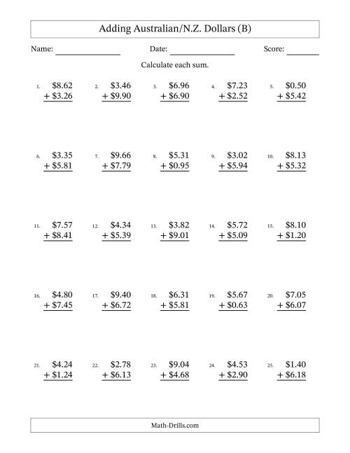 The Adding Australian/N.Z. Dollars With Amounts from 0.01 to 9.99 in Increments of One Cent (B) Math Worksheet