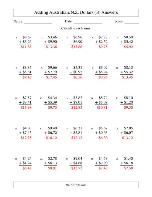 The Adding Australian/N.Z. Dollars With Amounts from 0.01 to 9.99 in Increments of One Cent (B) Math Worksheet Page 2