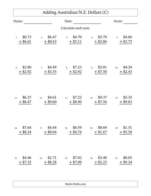 The Adding Australian/N.Z. Dollars With Amounts from 0.01 to 9.99 in Increments of One Cent (C) Math Worksheet