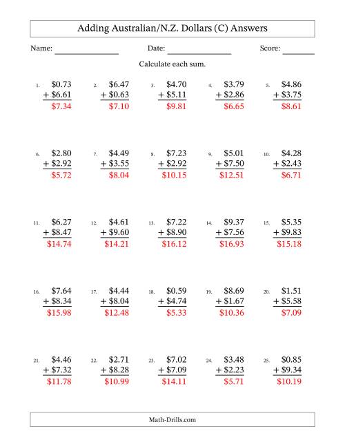 The Adding Australian/N.Z. Dollars With Amounts from 0.01 to 9.99 in Increments of One Cent (C) Math Worksheet Page 2