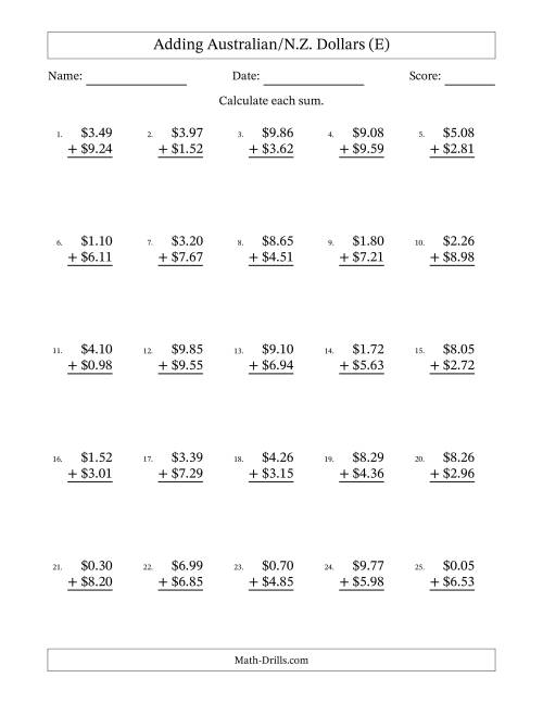 The Adding Australian/N.Z. Dollars With Amounts from 0.01 to 9.99 in Increments of One Cent (E) Math Worksheet