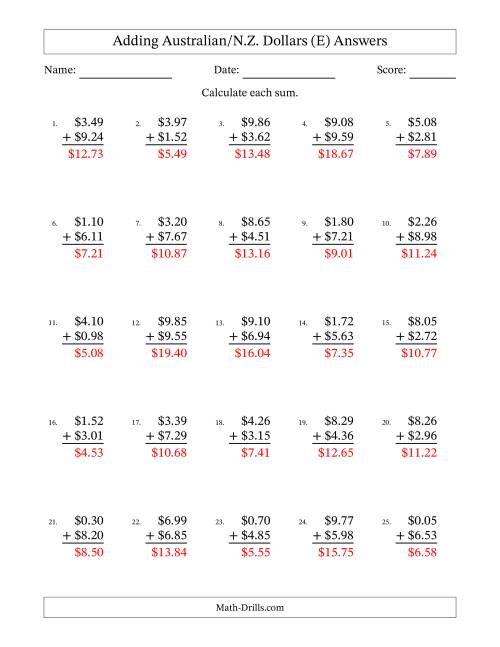 The Adding Australian/N.Z. Dollars With Amounts from 0.01 to 9.99 in Increments of One Cent (E) Math Worksheet Page 2