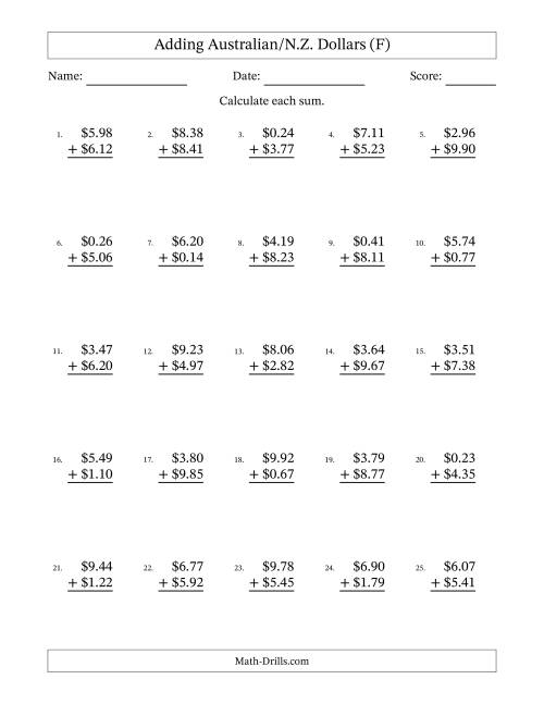 The Adding Australian/N.Z. Dollars With Amounts from 0.01 to 9.99 in Increments of One Cent (F) Math Worksheet