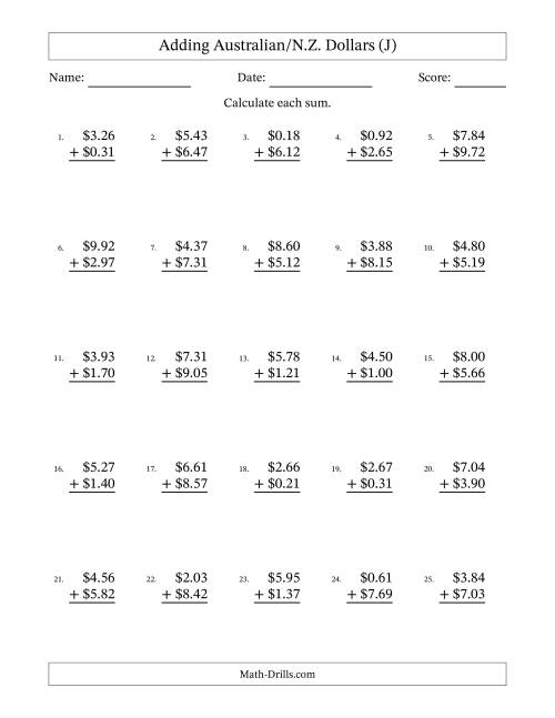 The Adding Australian/N.Z. Dollars With Amounts from 0.01 to 9.99 in Increments of One Cent (J) Math Worksheet