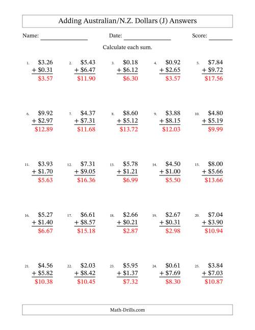 The Adding Australian/N.Z. Dollars With Amounts from 0.01 to 9.99 in Increments of One Cent (J) Math Worksheet Page 2