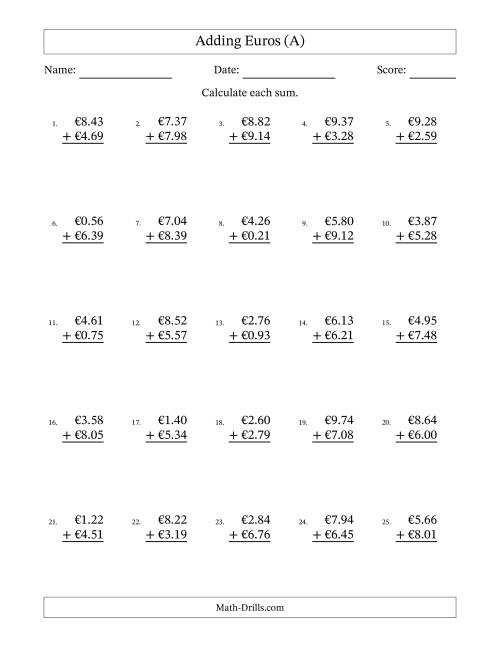 The Adding Euros With Amounts from 0.01 to 9.99 in Increments of One Euro Cent (A) Math Worksheet