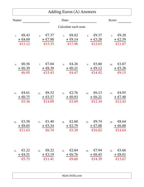 The Adding Euros With Amounts from 0.01 to 9.99 in Increments of One Euro Cent (A) Math Worksheet Page 2