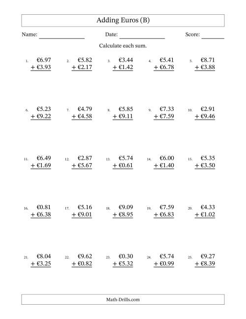 The Adding Euros With Amounts from 0.01 to 9.99 in Increments of One Euro Cent (B) Math Worksheet