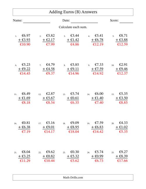 The Adding Euros With Amounts from 0.01 to 9.99 in Increments of One Euro Cent (B) Math Worksheet Page 2