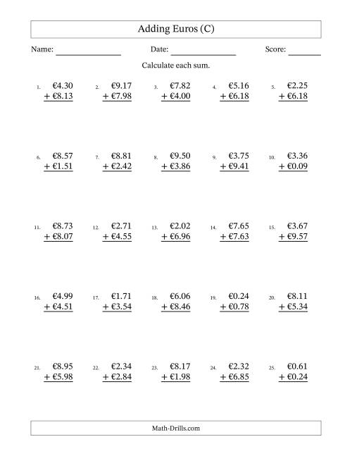 The Adding Euros With Amounts from 0.01 to 9.99 in Increments of One Euro Cent (C) Math Worksheet