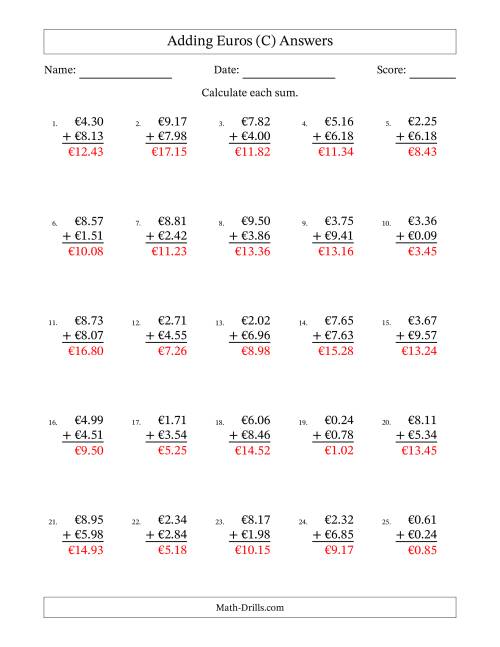 The Adding Euros With Amounts from 0.01 to 9.99 in Increments of One Euro Cent (C) Math Worksheet Page 2