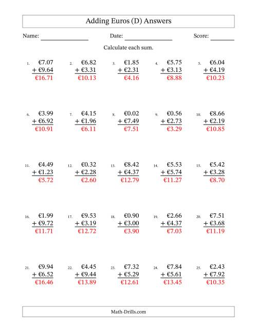 The Adding Euros With Amounts from 0.01 to 9.99 in Increments of One Euro Cent (D) Math Worksheet Page 2