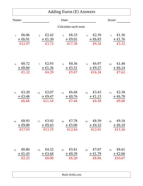 The Adding Euros With Amounts from 0.01 to 9.99 in Increments of One Euro Cent (E) Math Worksheet Page 2