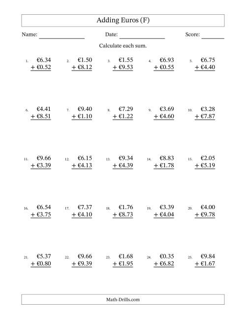 The Adding Euros With Amounts from 0.01 to 9.99 in Increments of One Euro Cent (F) Math Worksheet