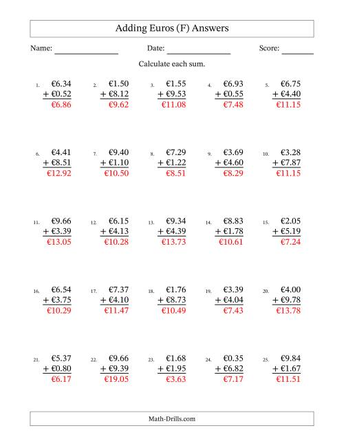 The Adding Euros With Amounts from 0.01 to 9.99 in Increments of One Euro Cent (F) Math Worksheet Page 2