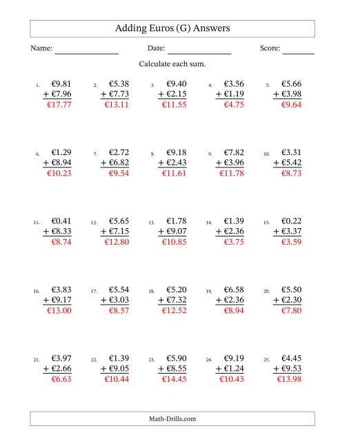 The Adding Euros With Amounts from 0.01 to 9.99 in Increments of One Euro Cent (G) Math Worksheet Page 2