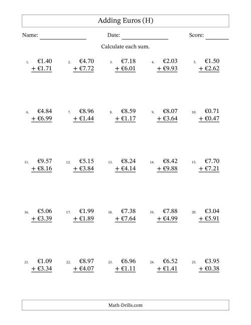 The Adding Euros With Amounts from 0.01 to 9.99 in Increments of One Euro Cent (H) Math Worksheet