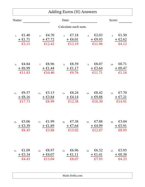 The Adding Euros With Amounts from 0.01 to 9.99 in Increments of One Euro Cent (H) Math Worksheet Page 2