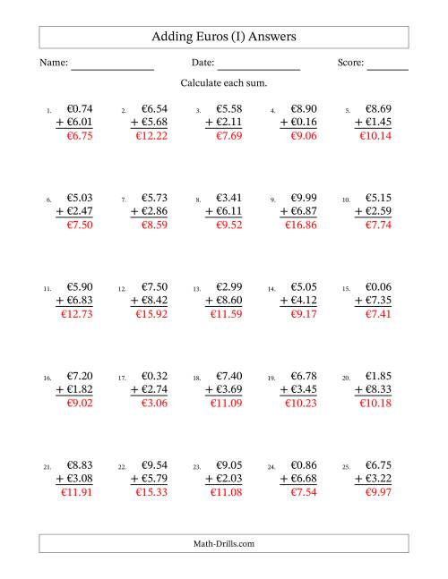 The Adding Euros With Amounts from 0.01 to 9.99 in Increments of One Euro Cent (I) Math Worksheet Page 2