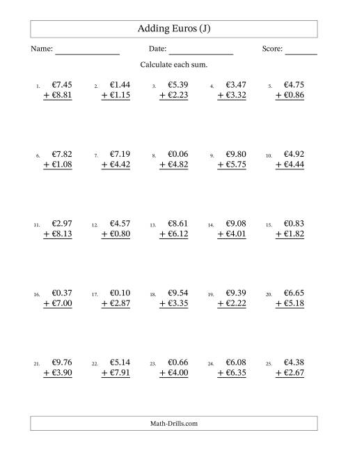 The Adding Euros With Amounts from 0.01 to 9.99 in Increments of One Euro Cent (J) Math Worksheet