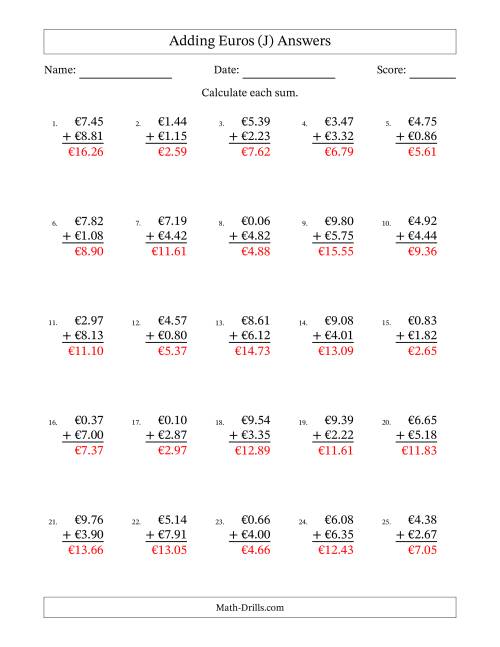 The Adding Euros With Amounts from 0.01 to 9.99 in Increments of One Euro Cent (J) Math Worksheet Page 2