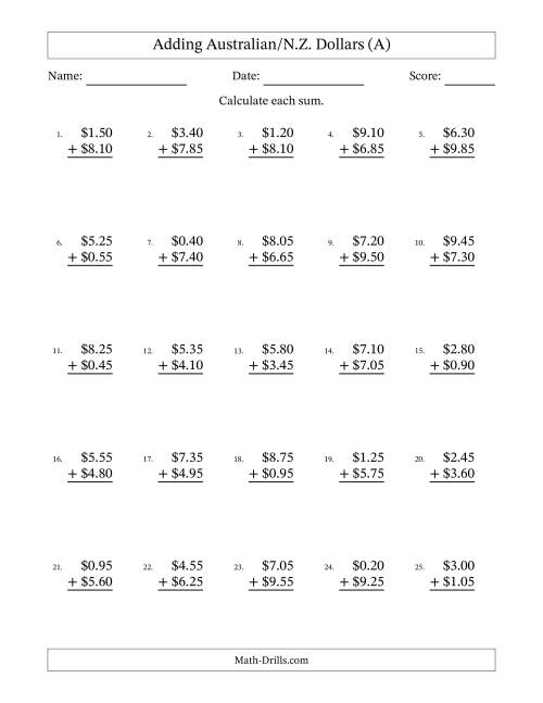 The Adding Australian/N.Z. Dollars With Amounts from 0.05 to 9.95 in Increments of Five Cents (A) Math Worksheet