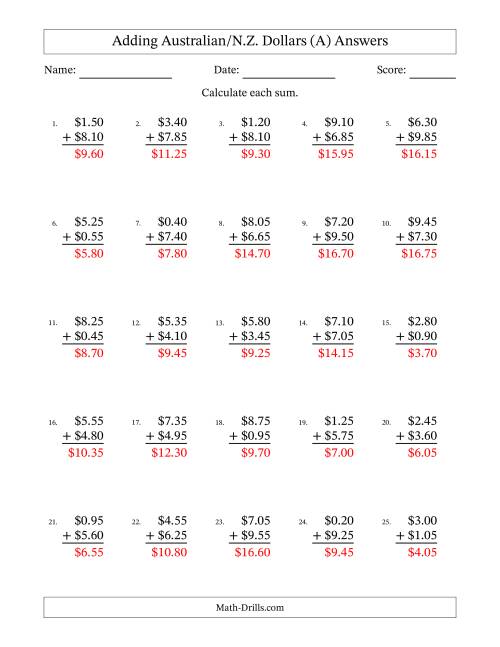 The Adding Australian/N.Z. Dollars With Amounts from 0.05 to 9.95 in Increments of Five Cents (A) Math Worksheet Page 2