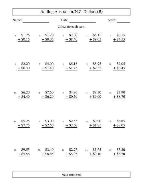 The Adding Australian/N.Z. Dollars With Amounts from 0.05 to 9.95 in Increments of Five Cents (B) Math Worksheet