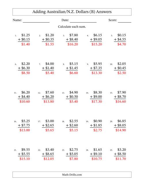 The Adding Australian/N.Z. Dollars With Amounts from 0.05 to 9.95 in Increments of Five Cents (B) Math Worksheet Page 2