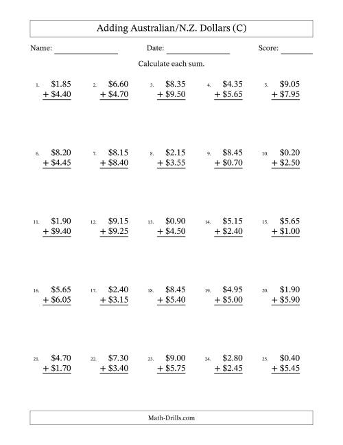 The Adding Australian/N.Z. Dollars With Amounts from 0.05 to 9.95 in Increments of Five Cents (C) Math Worksheet